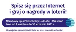 Na górze grafiki jest napis: Loteria Narodowego Spisu Powszechnego Ludności i Mieszkań 2021. Poniżej jest napis: Sprawdź co możesz zyskać spisując się przez Internet! Regulamin i szczegóły loteria.spis.gov.pl Po lewej stronie grafiki widać samochód i karty przedpłacone. Na dole grafiki są cztery małe koła ze znakami dodawania, odejmowania, mnożenia i dzielenia, obok nich napis: Liczymy się dla Polski! W prawym dolnym rogu jest logotyp spisu: dwa nachodzące na siebie pionowo koła, GUS, pionowa kreska, NSP 2021.