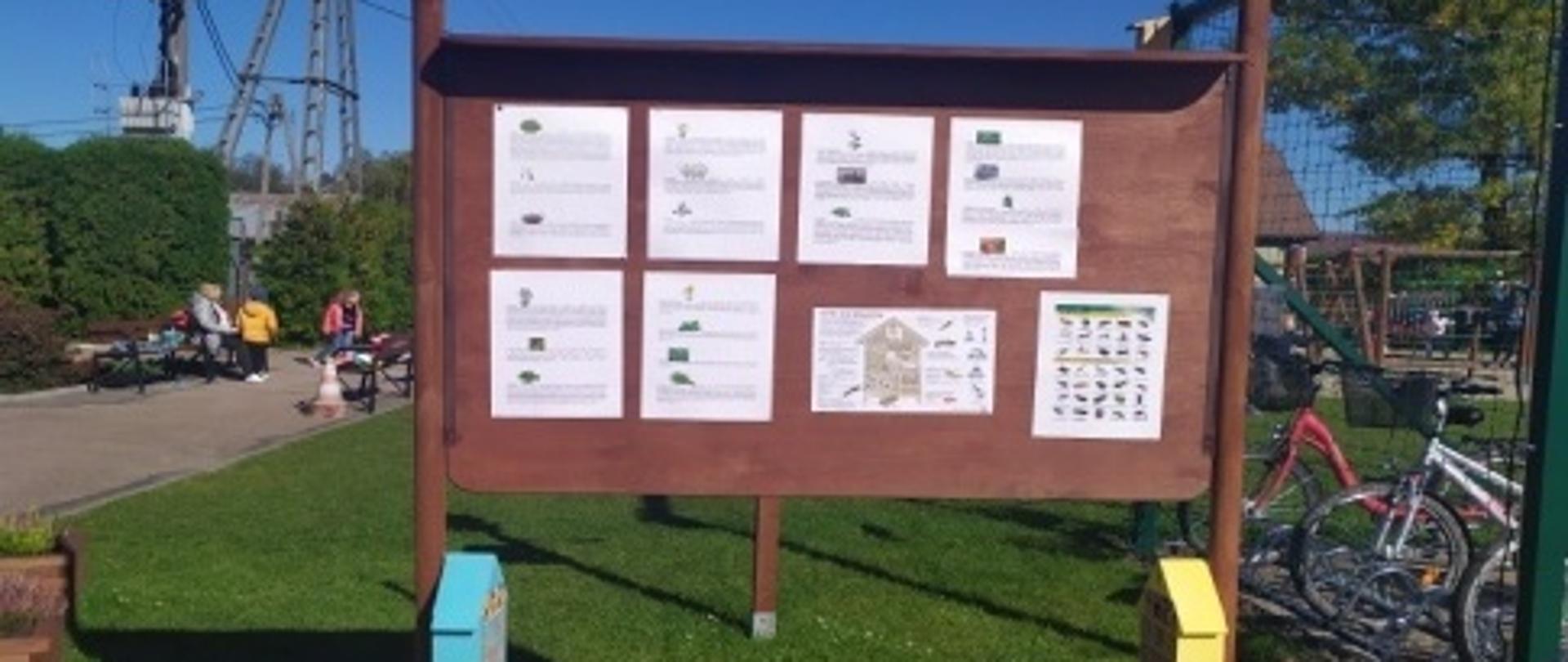 Drewniana tablica z przyczepionymi kartami. Na nogach tablicy przyczepione dwa domki dla owadów: niebieski i żółty. Przed tablicą stoi podłużna donica z roślinami