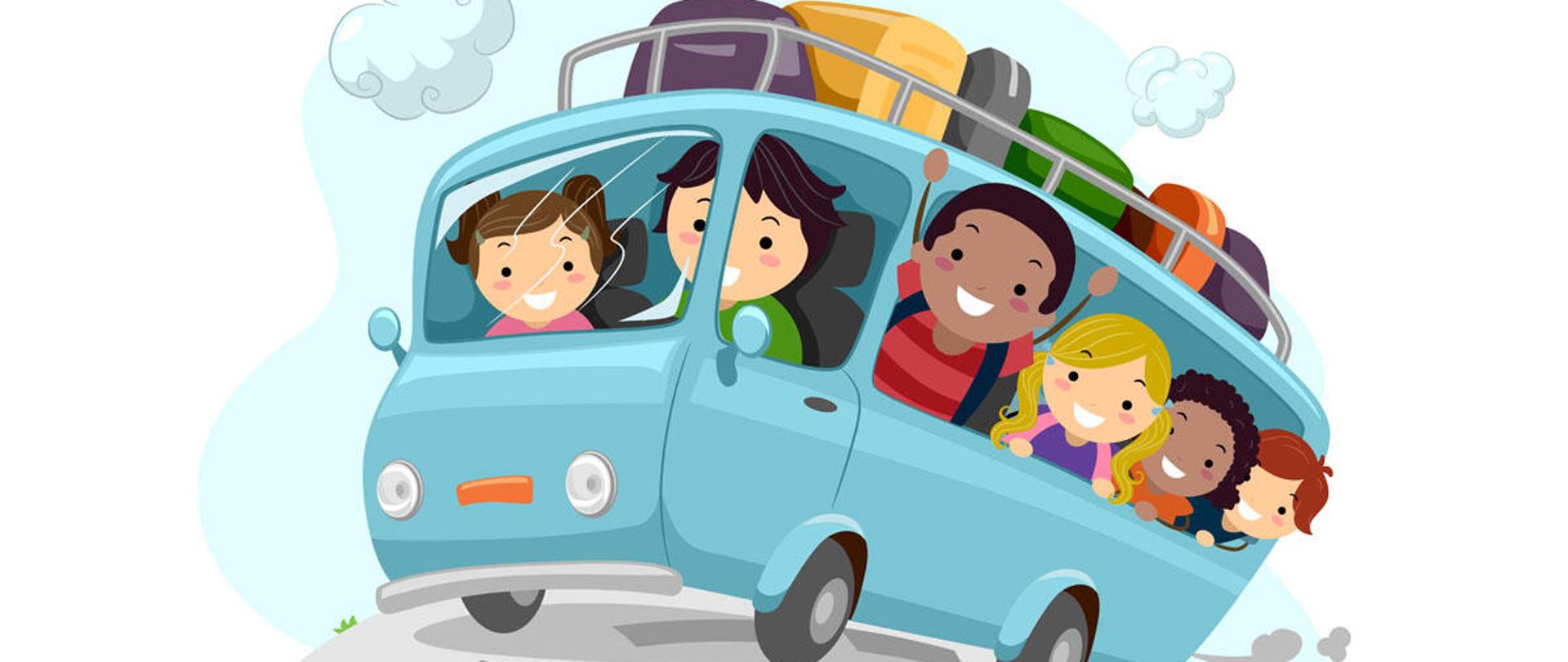 Illustration of Excited Kids Cheering While Riding a Bus