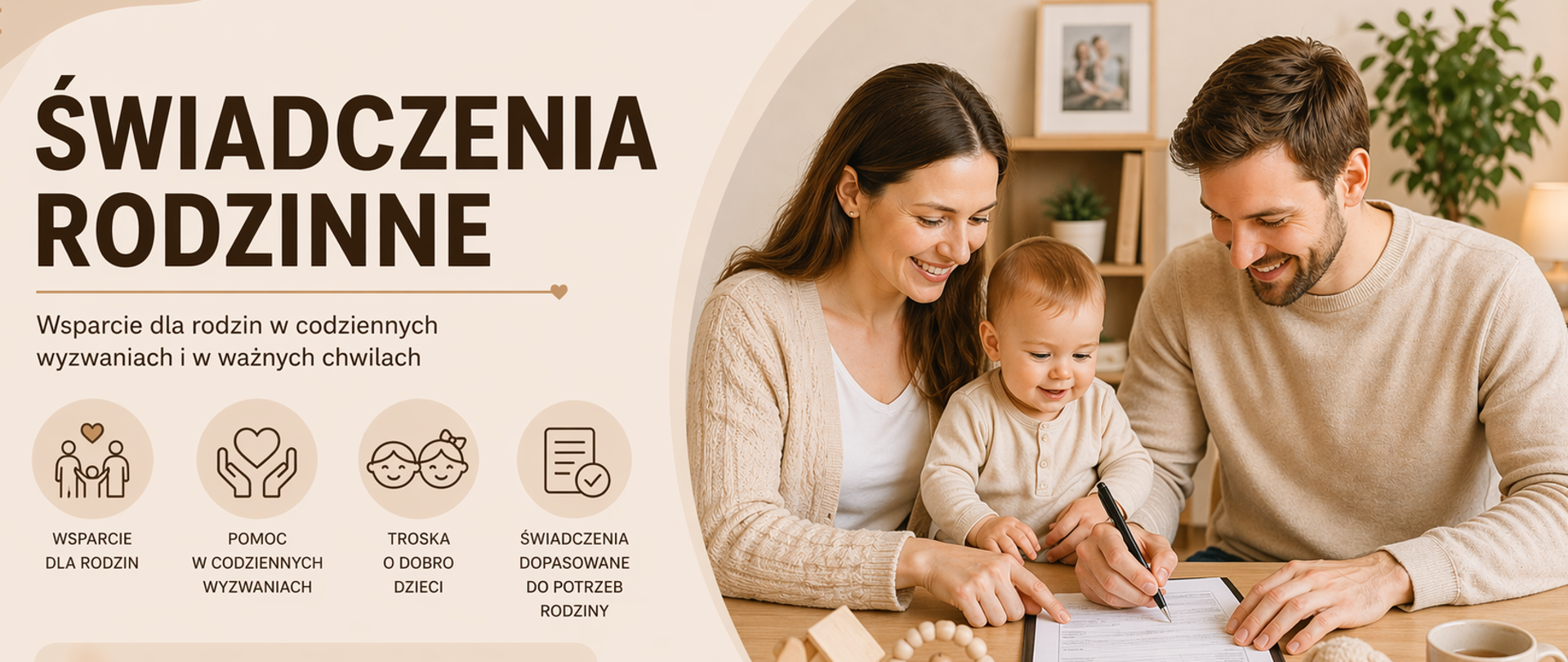 \Panoramiczna grafika informacyjna utrzymana w ciepłej, jasnej kolorystyce (odcienie beżu, kremowe i delikatne brązy). Po lewej stronie znajduje się nagłówek „ŚWIADCZENIA RODZINNE” oraz krótkie hasło podkreślające wsparcie dla rodzin w codziennych wyzwaniach i ważnych momentach życia. Poniżej umieszczono czytelne, minimalistyczne ikony symbolizujące pomoc dla rodzin, wsparcie w codziennym funkcjonowaniu, troskę o dobro dzieci oraz dopasowanie świadczeń do potrzeb.
W górnej części widoczne jest logo Gminnego Ośrodka Pomocy Społecznej w Brzyskach, podkreślające lokalny charakter oferowanej pomocy. W dolnej części znajduje się informacja, że sprawy z zakresu świadczeń rodzinnych prowadzą pracownicy Ośrodka.
Po prawej stronie przedstawiono scenę rodzinną – rodzice z małym dzieckiem wspólnie wypełniają dokumenty przy stole. Ilustracja podkreśla zaangażowanie, współpracę oraz realne wsparcie oferowane rodzinom.
Całość ma nowoczesny, przejrzysty i przyjazny charakter, dostosowany do formatu panoramicznego, dzięki czemu dobrze prezentuje się na stronie internetowej oraz w mediach społecznościowych.