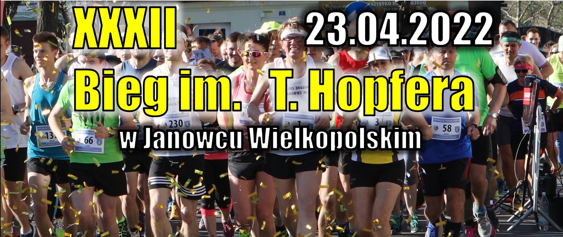 grafika przedstawia biegaczy, na grafice znajduje się napis XXXII Bieg im. Tomasza Hopfera w Janowcu Wielkopolskim, 23.04.2022