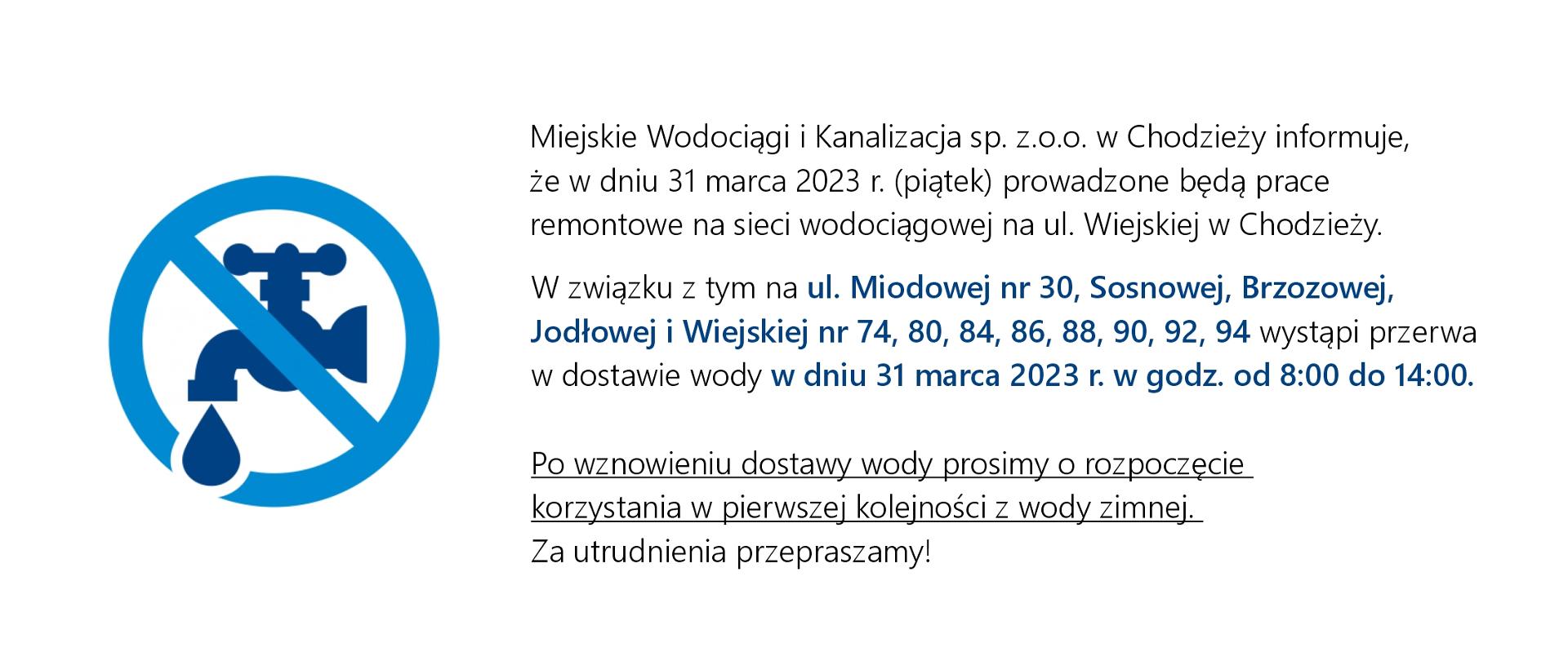 Baner - ogłoszenie MWiK o przerwie w dostawie wody