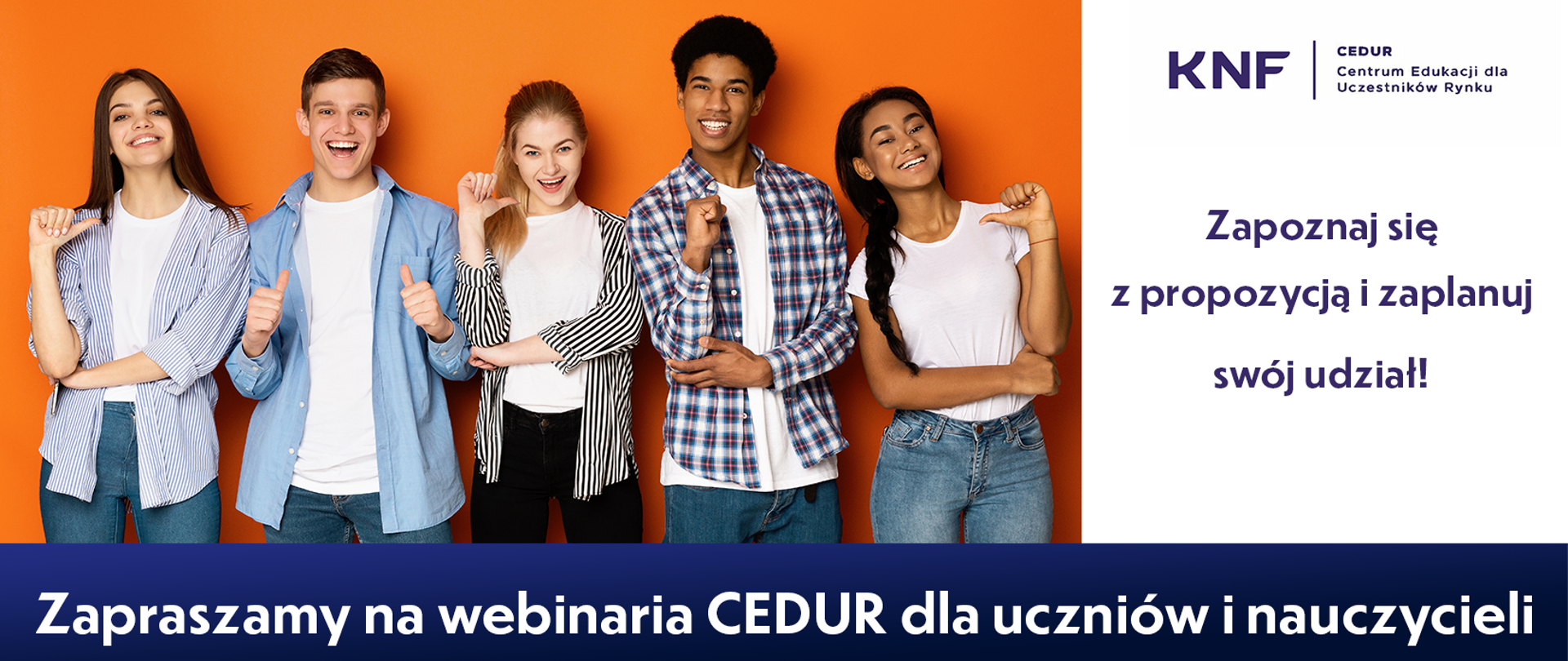 plakat z młodymi ludźmi i napisem Webinaria CEDUR dla uczniów i młodzieży