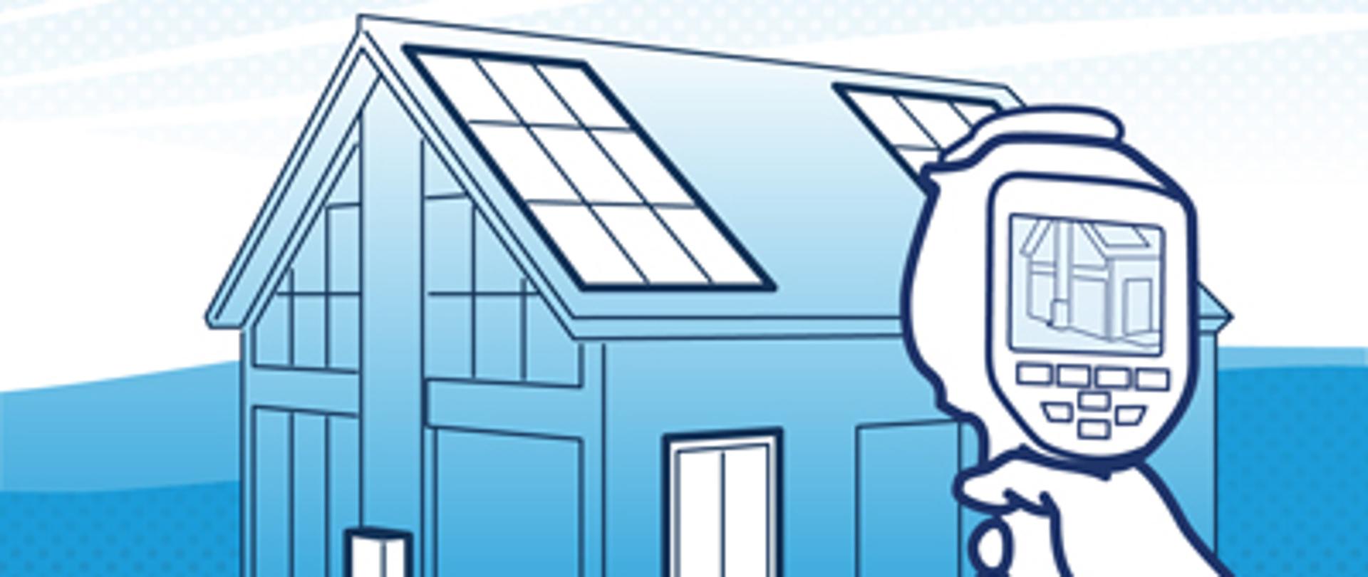 zdjęcie w niebieskiej kolorystyce, przedstawia dom na dachu którego znajdują się panele fotowoltaiczne 