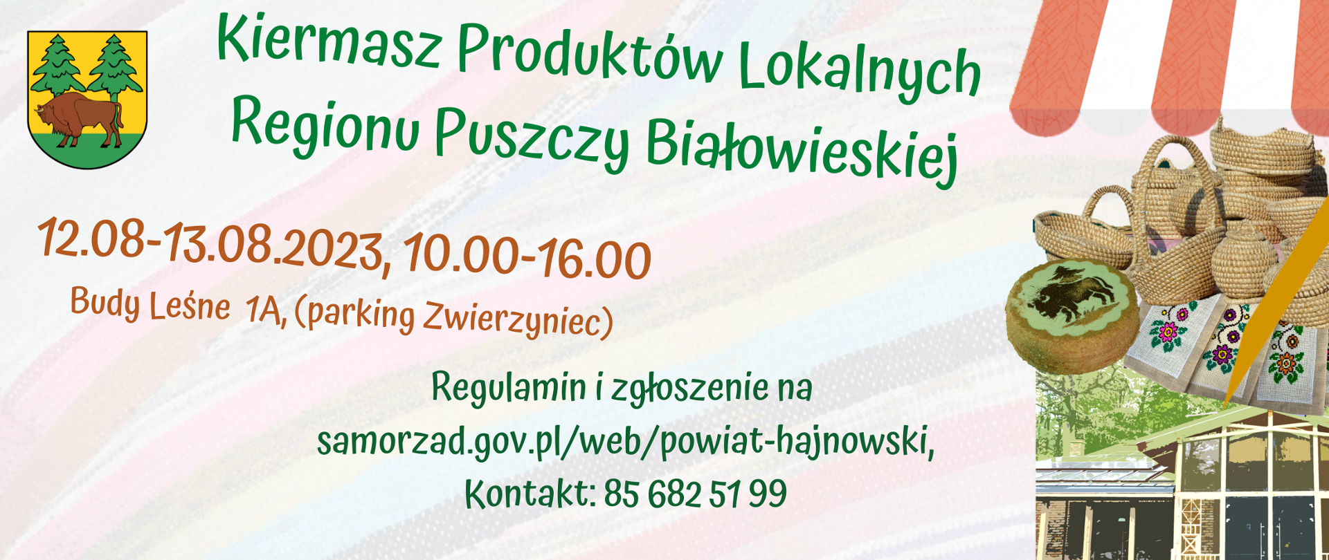 Na kolorowym tle napisy organizacyjne oraz grafiki: rękodzieła, ciasta i budynku Centrum Turystyki i Promocji Kraina Żubra