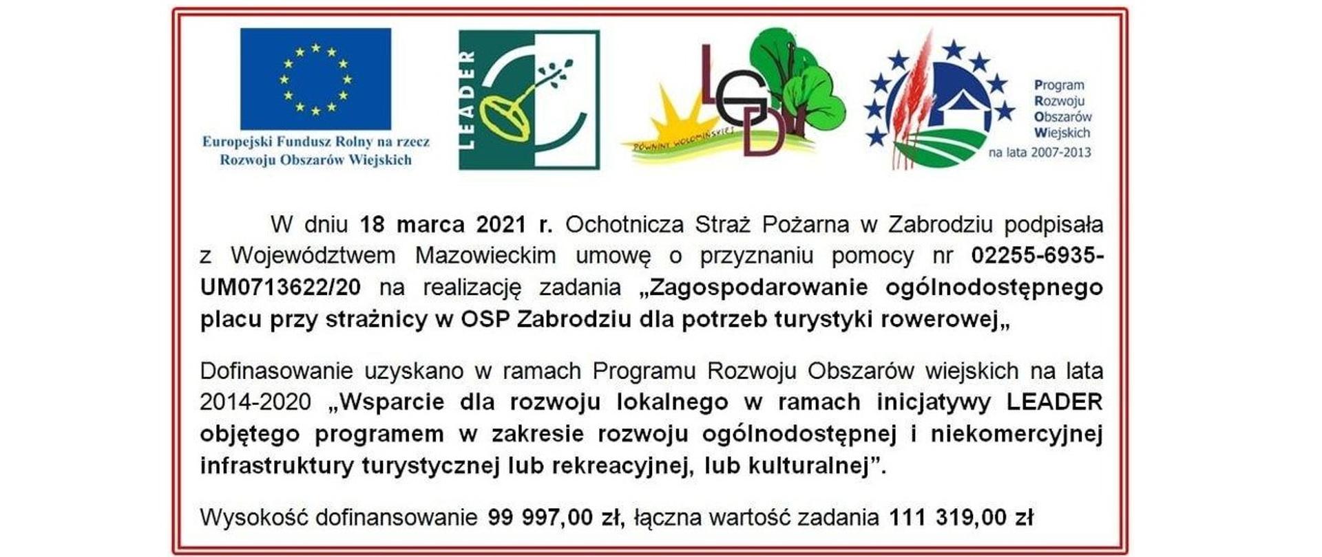 W dniu 18 marca 2021r. Ochrotnicza Straż Pożarna w Zabrodziu podpisanała z Województwem Mazowieckim umowę o przyznaniu pomocy nr 02255-6935-UM0713622/20 na realizację zadania "Zagospodarowanie ogólnodostępnego placu przy strażnicy w OSP Zabrodzie dla potrzeb turystyki rowerowej".
Dofinansowanie uzyskano w ramach Programu Rozwoju Obszarów Wiejskich na lata 2014-2020 "Wsparcie dla rozwoju lokalnego w ramach inicjatywy LEADER objętego programem w zakresie rozwoju ogólnodostępnej i niekomercyjnej infrastruktury turystycznej lub rekreacyjnej lub kulturalnej".
Wysokość dofinansnia 99 997,00 zł, łączna wartość zadania 111 319,00 zł.