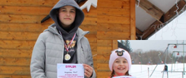 Dwie uczennice naszej szkoły stoją na podium zawodów narciarskich na drugim i trzecim miejscu, trzymają w ręku dyplomy, na szyi mają medale