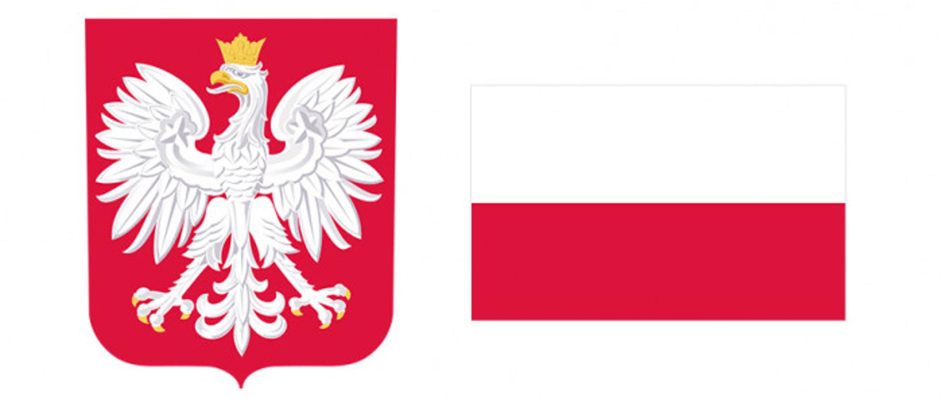 Godło Rzeczypospolitej Polskiej z białym orłem w koronie na czerwonym tle oraz flaga Polski w barwach biało-czerwonych, umieszczone obok siebie na jasnym tle.