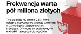 Biało czerwona urna wyborcza obok tekst informujący o możliwości wygrania pół miliona złotych