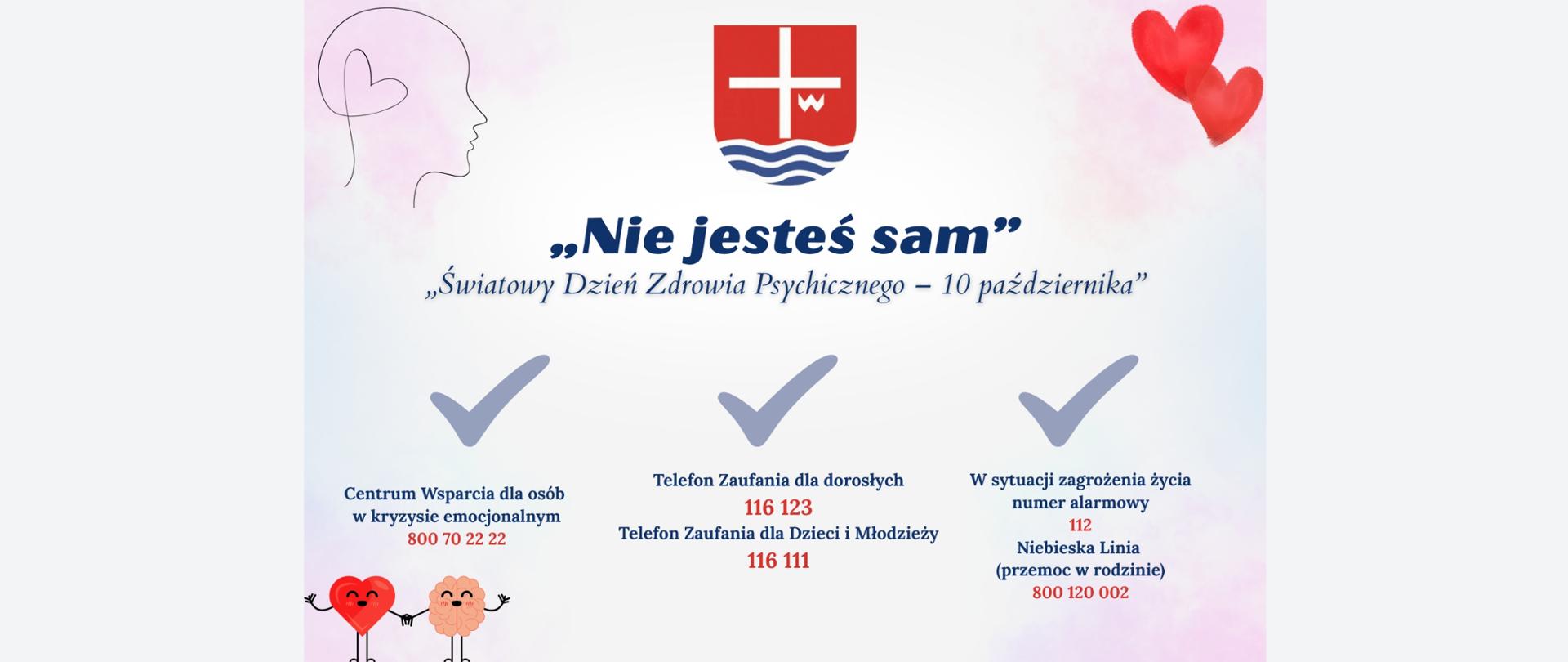 Jasne tło z plakatem na środku odnoście Światowego Dnia Zdrowia Psychicznego - 10 październik, a na plakacie umieszczone potrzebne numery telefonów dla dzieci i młodzieży a także dla osób starszych. 