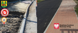 Kolaż zdjęć przedstawiający efekt przed przebudową chodnik i po - po lewej prace nad przebudową, po prawej - nowy chodnik i nawierzchnia drogi