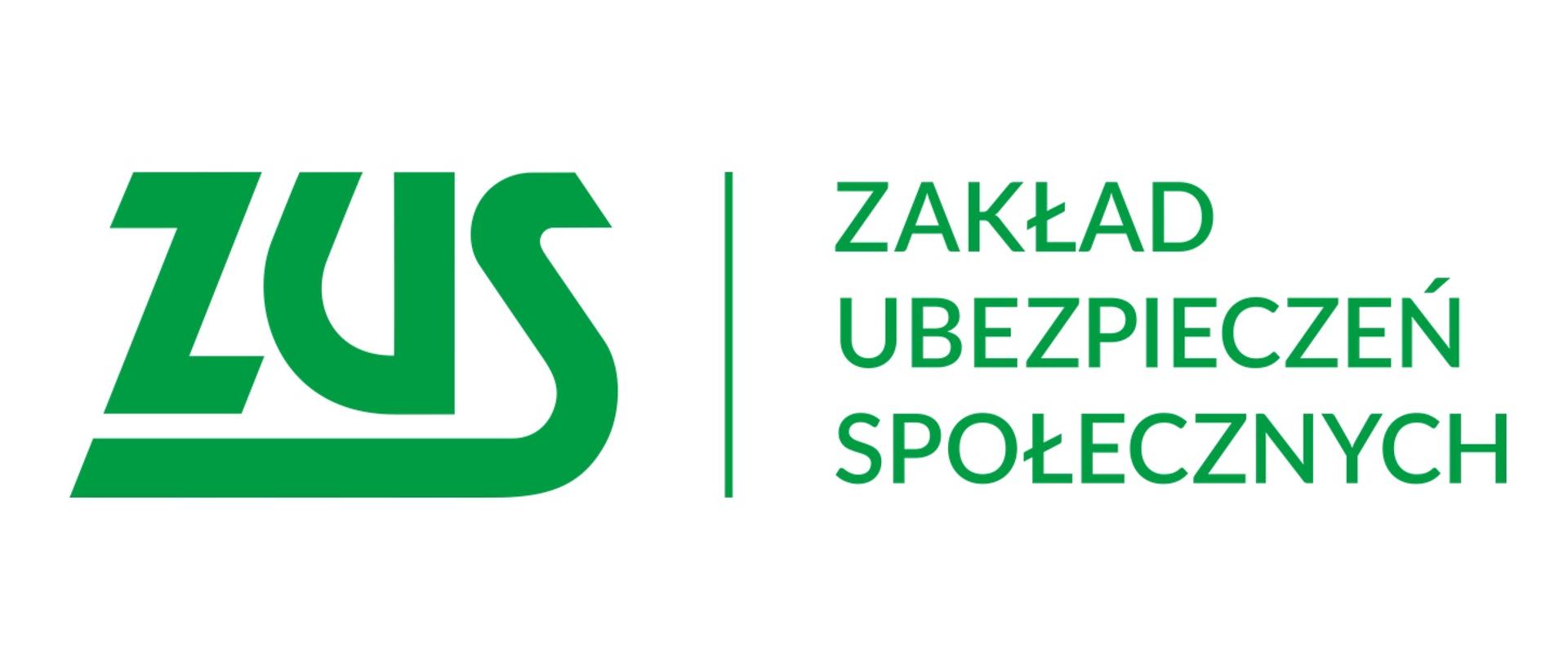grafika przedstawia logotyp Zakład Ubezpieczeń Społecznych z zielonym napisem ZUS i Zakład Ubezpieczeń Społecznych