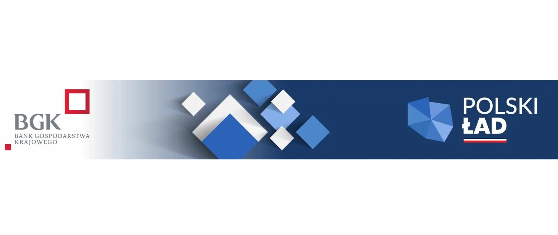 Logotyp instytucji BGK i Polski Ład na niebiesko białym tle