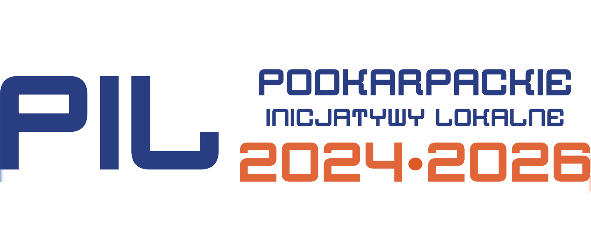 Napis w kolorze niebieskim "Podkarpackie Inicjatywy Lokalna" oraz kolorze pomarańczowym "2024-2026"
