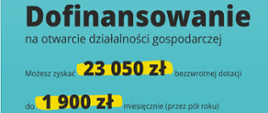  Na grafice znajduje się napis Dofinansowanie na otwarcie działalności gospodarczej, możesz zyskać 23050 zł bezzwrotnej dotacji do 1900 zł miesięcznie (przez pół roku) świadczenia pomostowego 