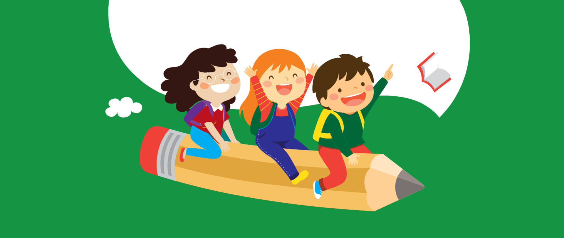 Grafika przedstawiająca trójkę dzieci siedzących na kredce, na zielonym tle