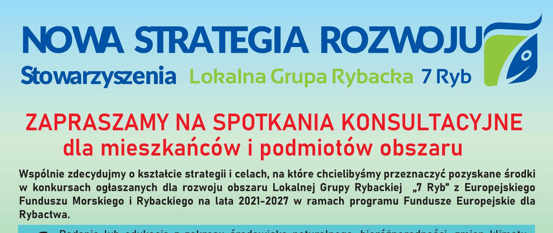 Infografika z informacjami o spotkaniach informacyjnych Lokalnej Grupy Rybackiej 7 Ryb