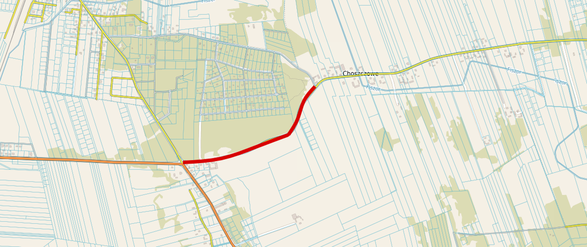 Mapa z zaznaczonym odcinkiem drogi na czerwono