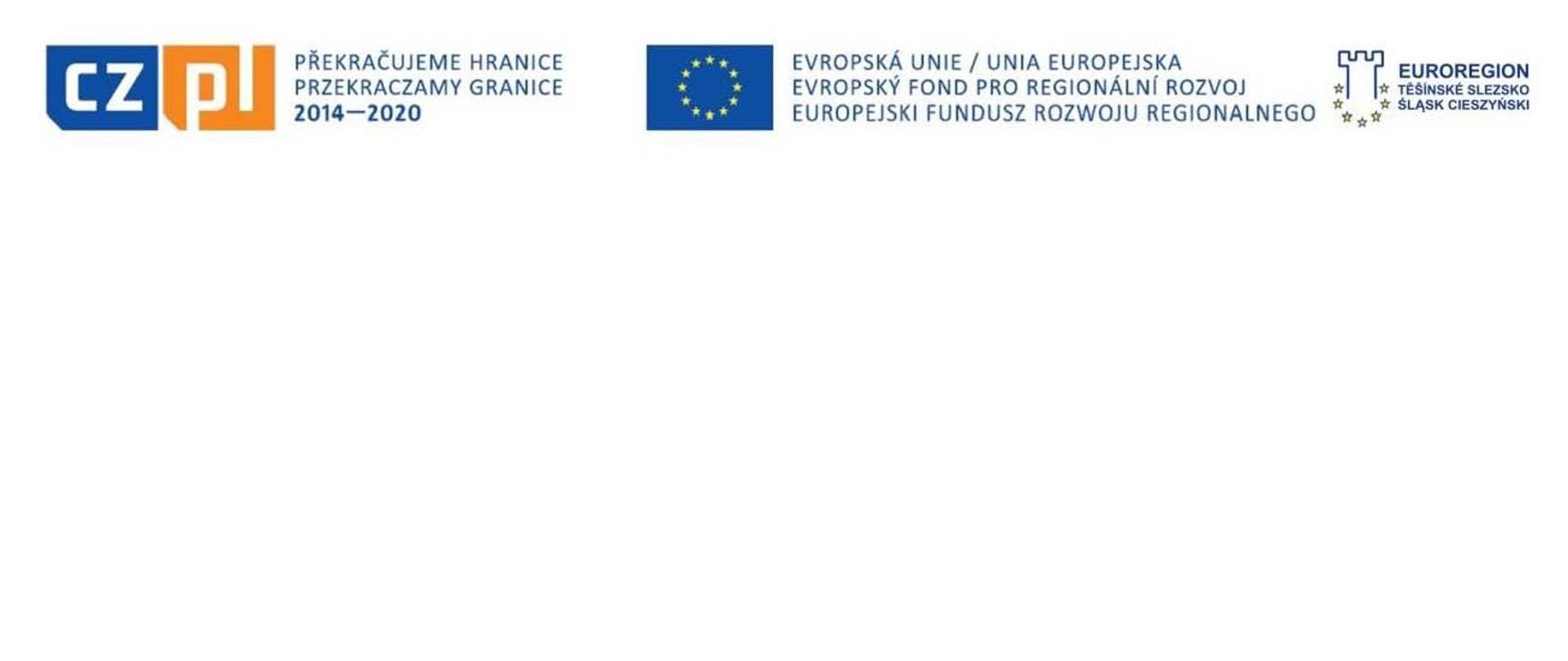 Od lewej do prawej loga: Przekraczamy granice 2014-2020, Unia Europejska - Europejski Fundusz Rozwoju Regionalnego, Euroregion Těšínské Slezsko – Śląsk Cieszyński