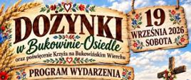 Plakat w stylu folkowym z informacjami o dożynkach w Bukowinie-Osiedle