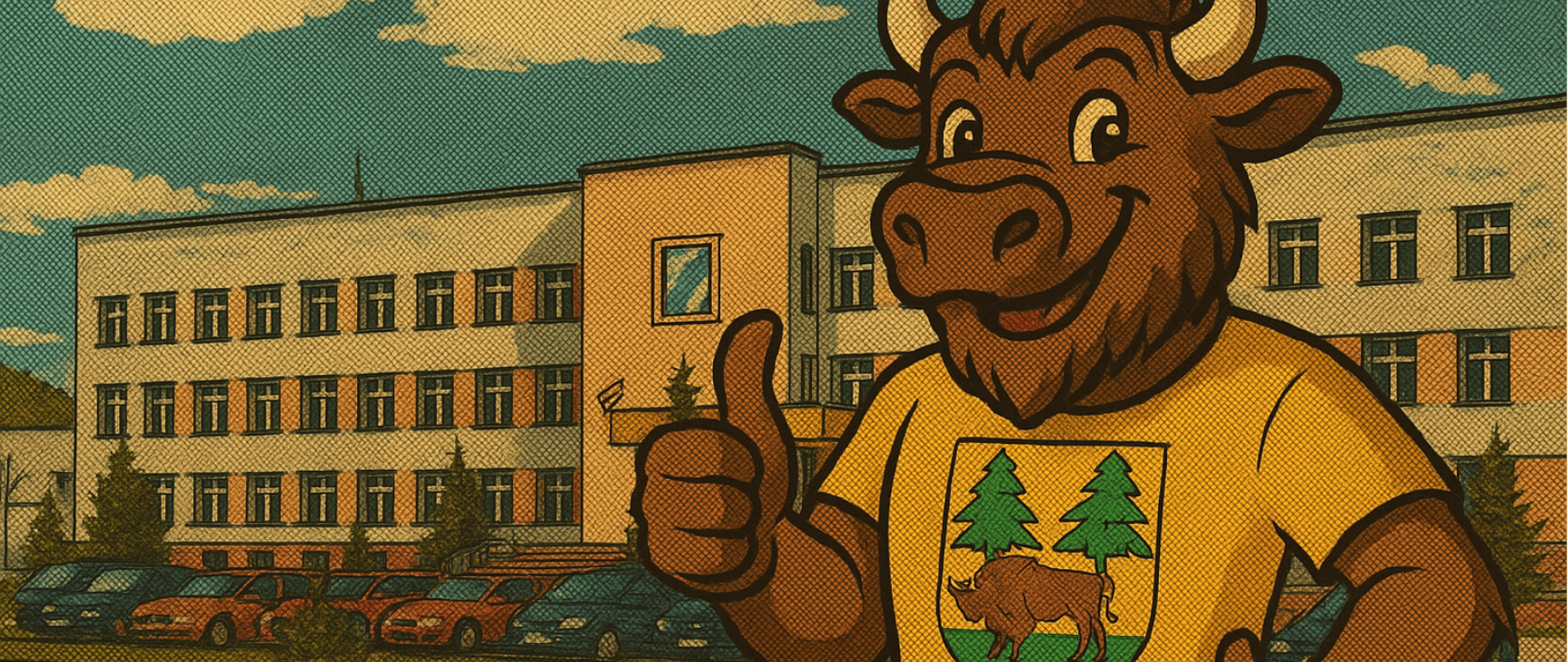 Na tle budynku hajnowskiego szpitala stoi żubr w koszulce z herbem powiatu hajnowskiego. Trzyma kciuk do góry na znak, że jest OK. U dołu logotypy projektu - Funduszy Europejskich, flaga Rzeczpospolitej Polskiej, Unii Europejskiej i logo Województwa Podlaskiego.