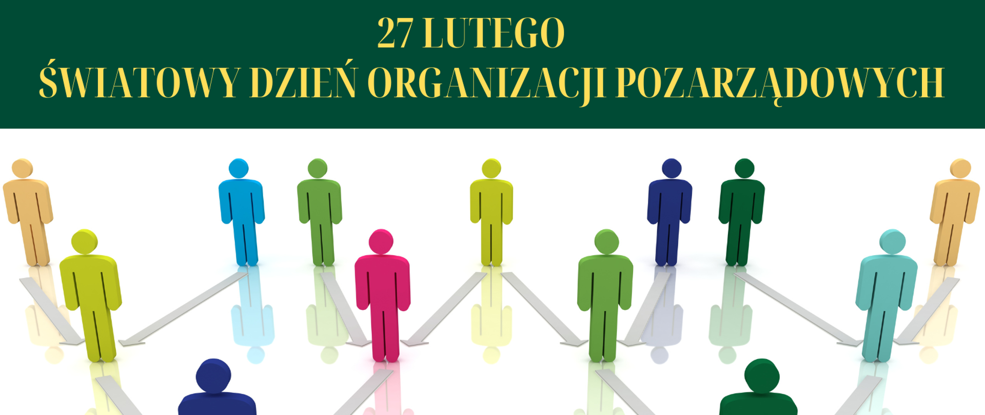Grafika przedstawia kolorowe ikonki ludzi na białym tle, natomiast w górnej części grafiki na zielonym tle umieszczono napis Światowy Dzień Organizacji Pozarządowych 
