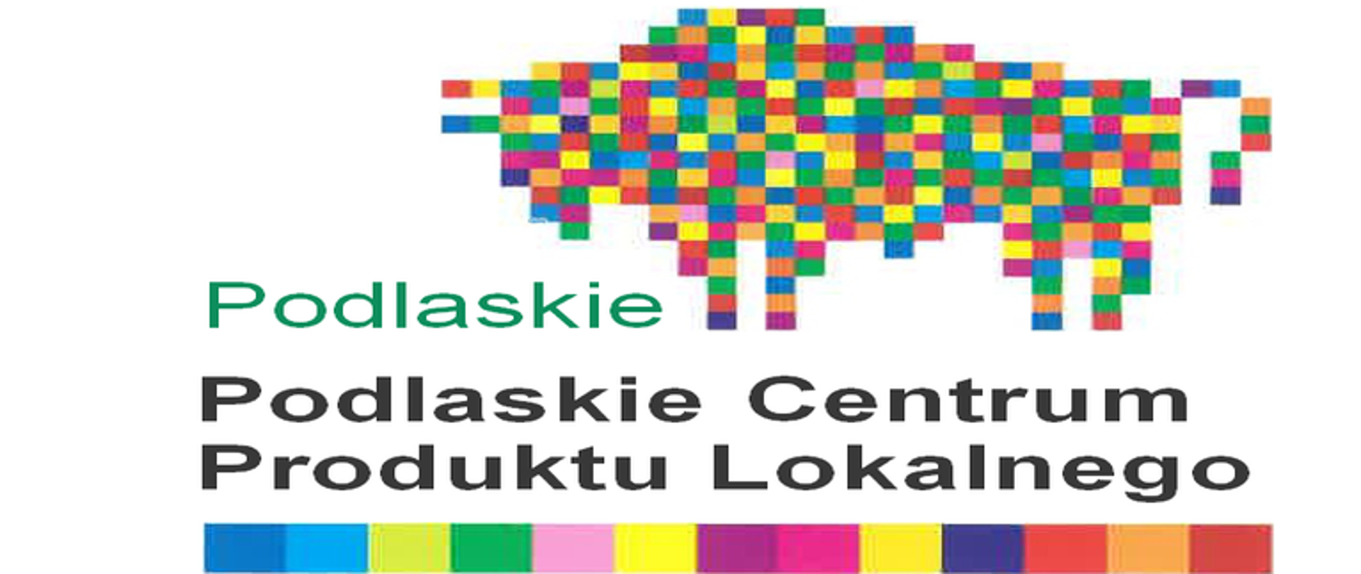 Na białym tle logo żubra Podlaskie poniżej napis Podlaskie Centrum Produktu Lokalnego pod napisem szlaczek z małych kwadratów w różnych kolorach.