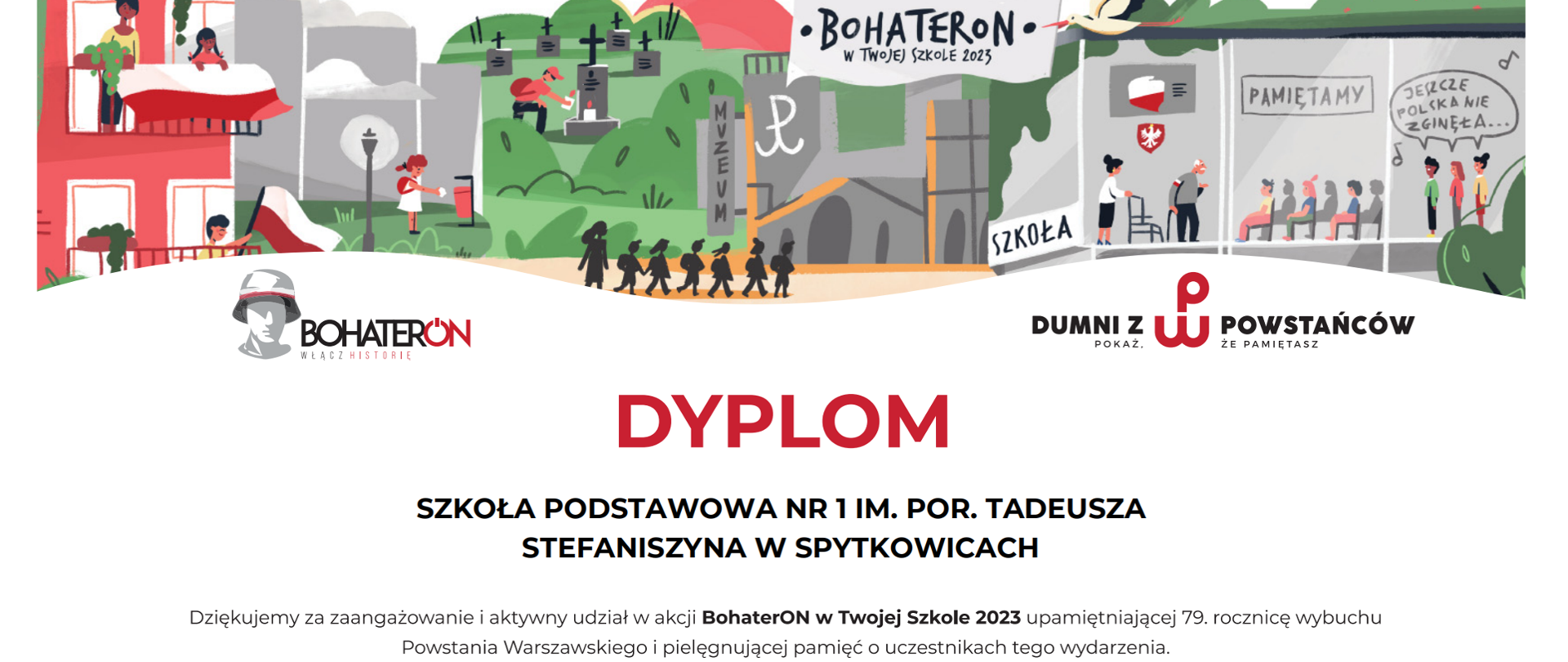 podziękowanie za udział w akcji BohaterON w Twojej Szkole 2023 realizowanej w ramach ogólnopolskiej kampanii BohaterON - włącz historię! 