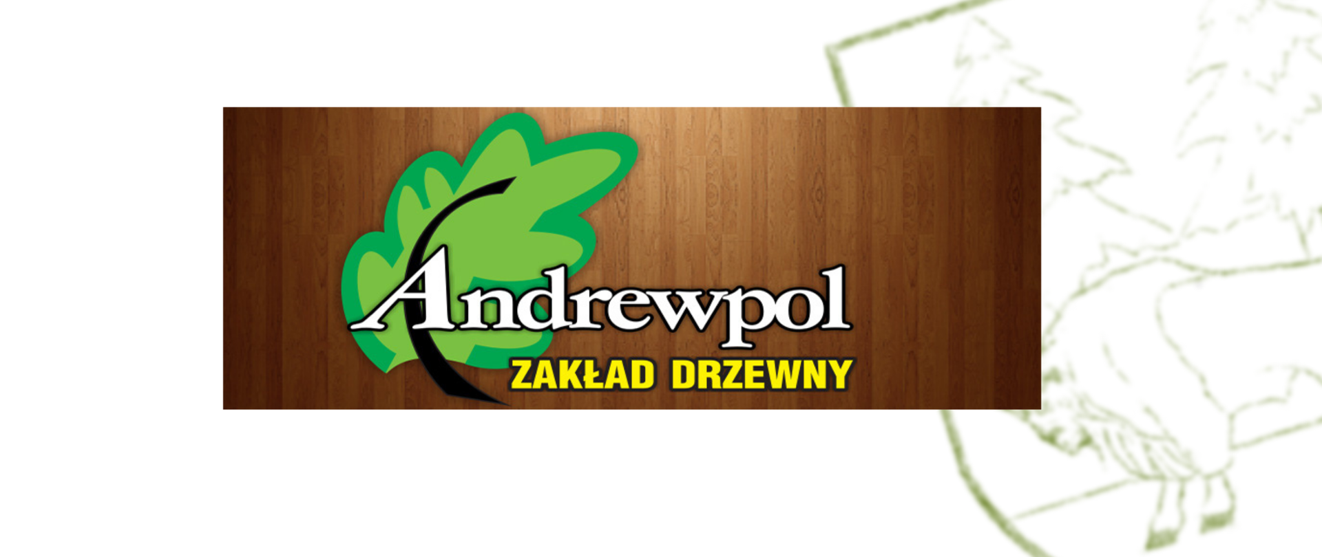 Zakład Produkcyjny ANDREWPOL Andrzej Pryczynicz w Hajnówce - logo firmy: grafika dębu i napis Andrewpol zakład drzewny na tle faktury drewnianej podłogi 
