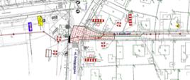 Mapa przedstawiająca organizację ruchu w rejonie skrzyżowania Oświęcimskiej, Kościuszki i Stabińskiego w Świerklańcu