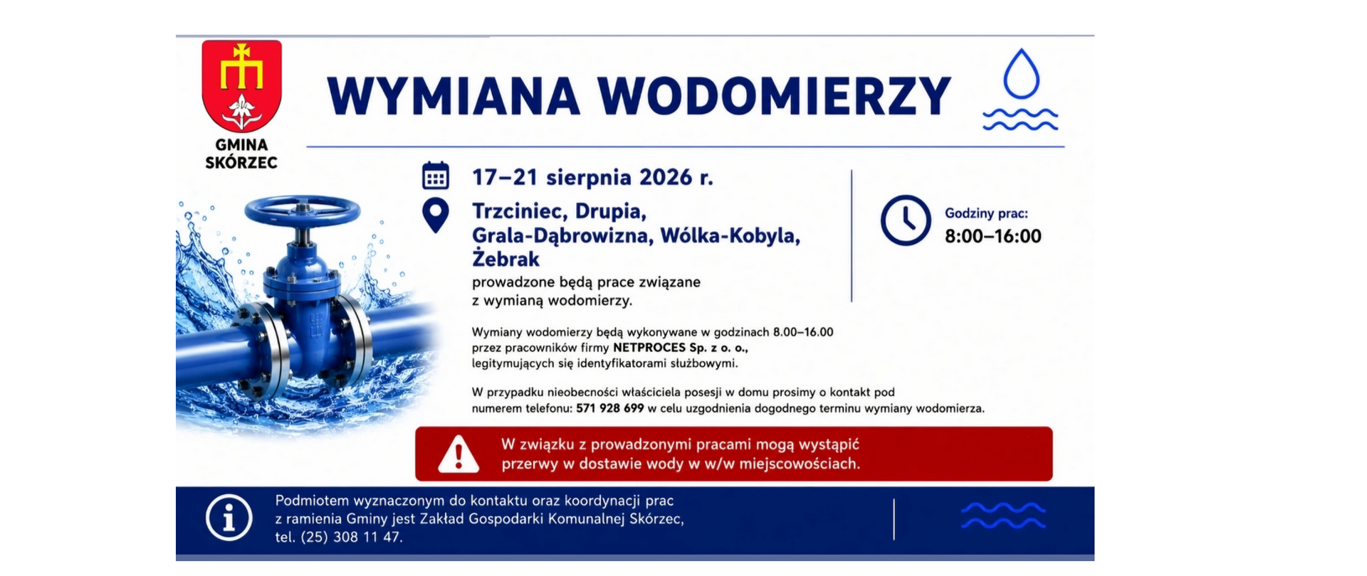 Ogłoszenie o wymianie wodomierzy - m. Drupia, Trzciniec, Grala-Dąbrowizna, Wólka-Kobyla, Żebrak