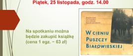 Plakat promujący wydarzenie. Na szarym tle informacje organizacyjne (zawarte w artykule) oraz okładka książki