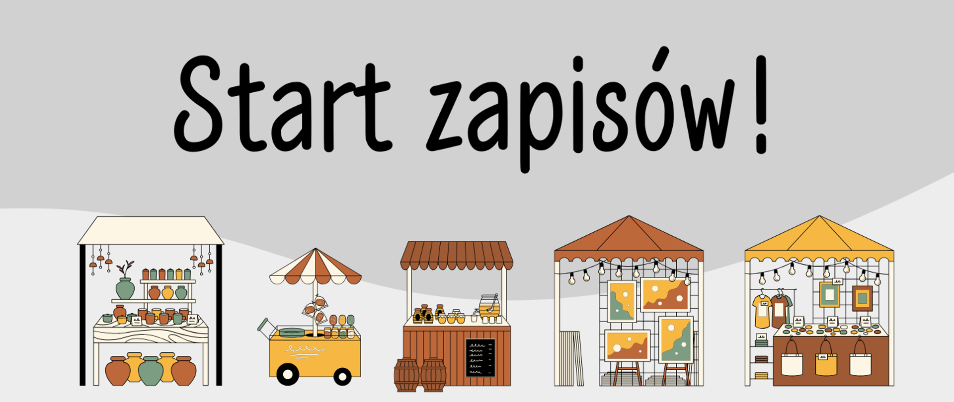 Start zapisów na jarmark przedświąteczny - grafika kolorowych budek jarmarkowych