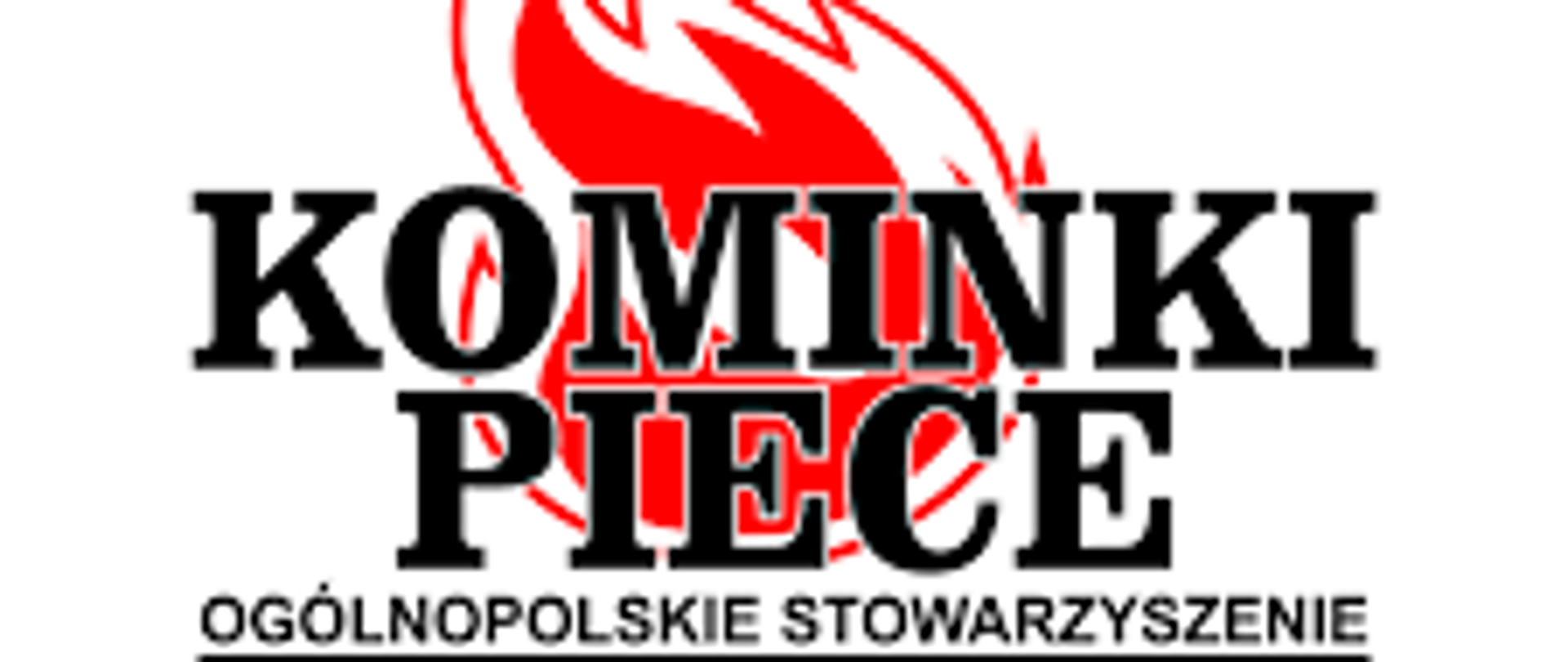 grafika przedstawia na białym tle ikonę płomienia , na którym znajduje się czarny napis: KOMINKI I PIECE Ogólnopolskie Stowarzyszenie 
