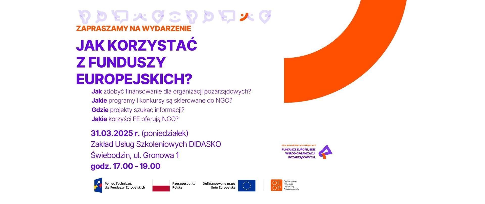 plakat z napisem Zaproszenie na spotkanie informacyjne dotyczące Funduszy Europejskich 