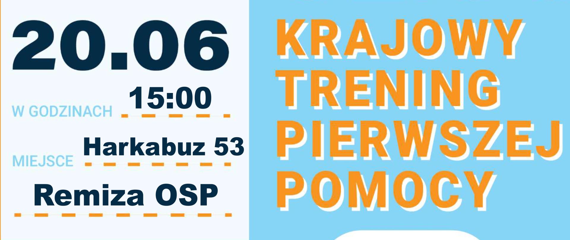 Plakat informacyjny w odcieniach jasnego błękitu, granatu i pomarańczu.Po prawej stronie znajduje się rysunek osoby w pomarańczowym stroju ratowniczym i kasku, trzymającej wskaźnik. W dolnej części plakatu znajdują się logotypy organizatorów i partnerów.