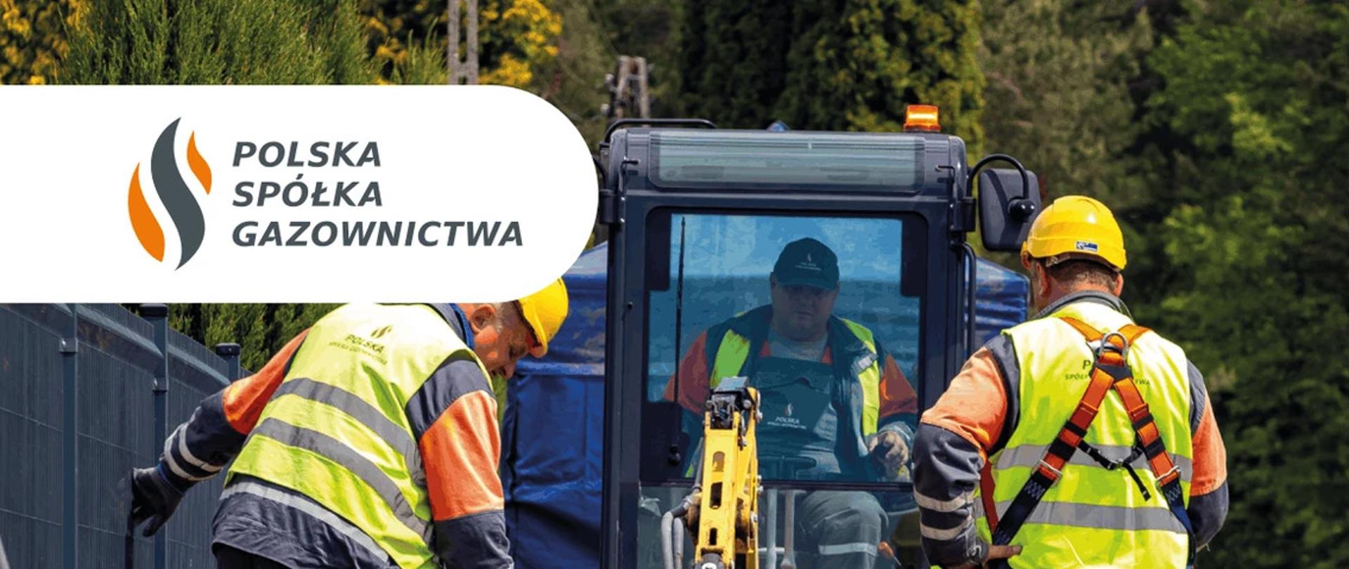 Na grafice widać pracowników w odzieży ochronnej podczas prac ziemnych przy infrastrukturze gazowej, z logo Polskiej Spółki Gazownictwa oraz hasłem „Zgłoś prace i pracuj bezpiecznie”. Ulotka przedstawia podstawowe zasady bezpiecznej pracy w pobliżu infrastruktury gazowej.
