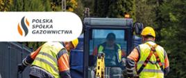 Na grafice widać pracowników w odzieży ochronnej podczas prac ziemnych przy infrastrukturze gazowej, z logo Polskiej Spółki Gazownictwa oraz hasłem „Zgłoś prace i pracuj bezpiecznie”. Ulotka przedstawia podstawowe zasady bezpiecznej pracy w pobliżu infrastruktury gazowej.