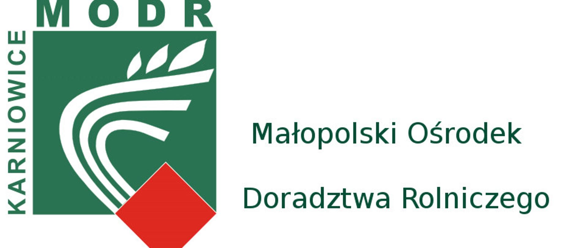 grafika przedstawia na białym tle z lewej strony zielony kwadrat z białą grafiką w kształcie wygiętych linii i liści oraz mniejszego czerwonego romba wpisanego w część większego kwadratu z jego prawej dolnej strony z prawej strony napis: Małopolski Ośrodek Doradztwa Rolniczego