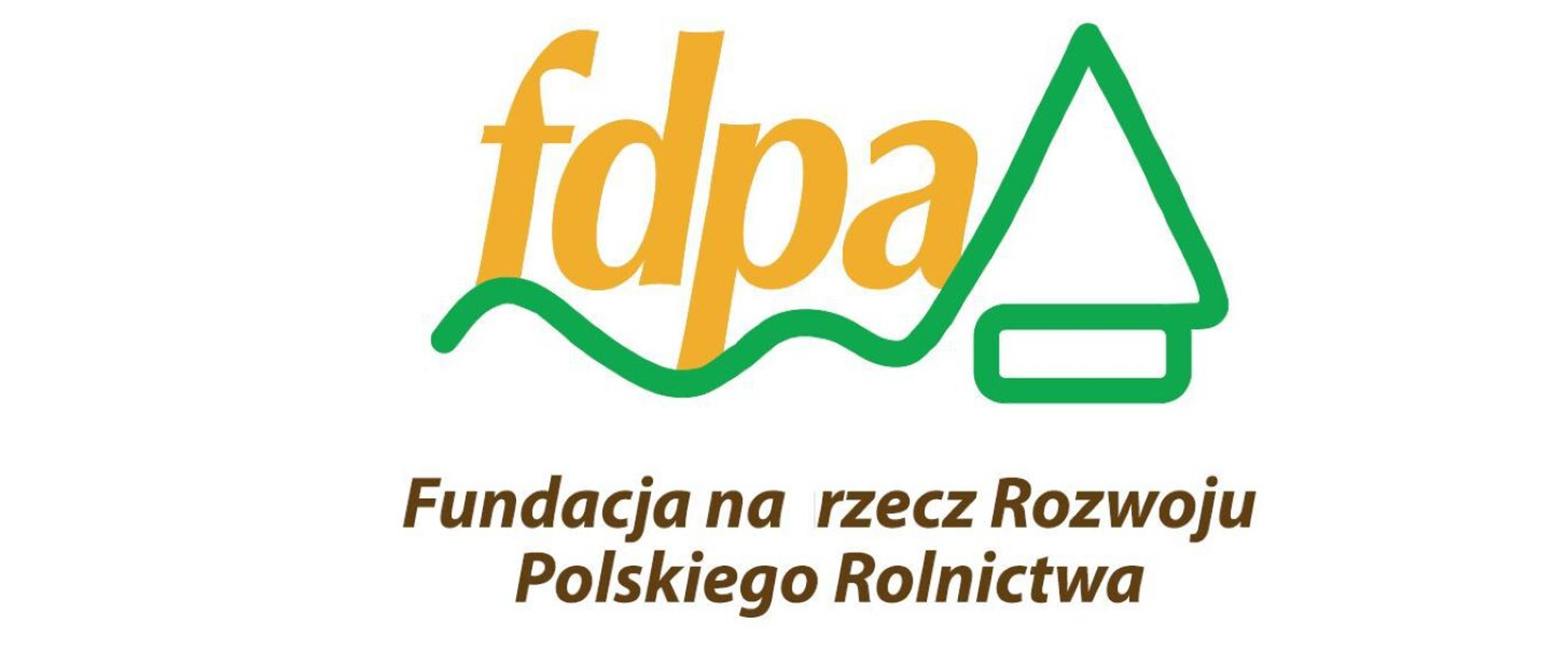 Grafika przedstawia pomarańczowe litery : f,d,p,a, pod nimi zieloną falowaną linię przechodzącą w trójkąt i prostokąt pod nim po prawej stronie; na dole zielony napis fundacja na rzecz rozwoju rolnictwa polskiego