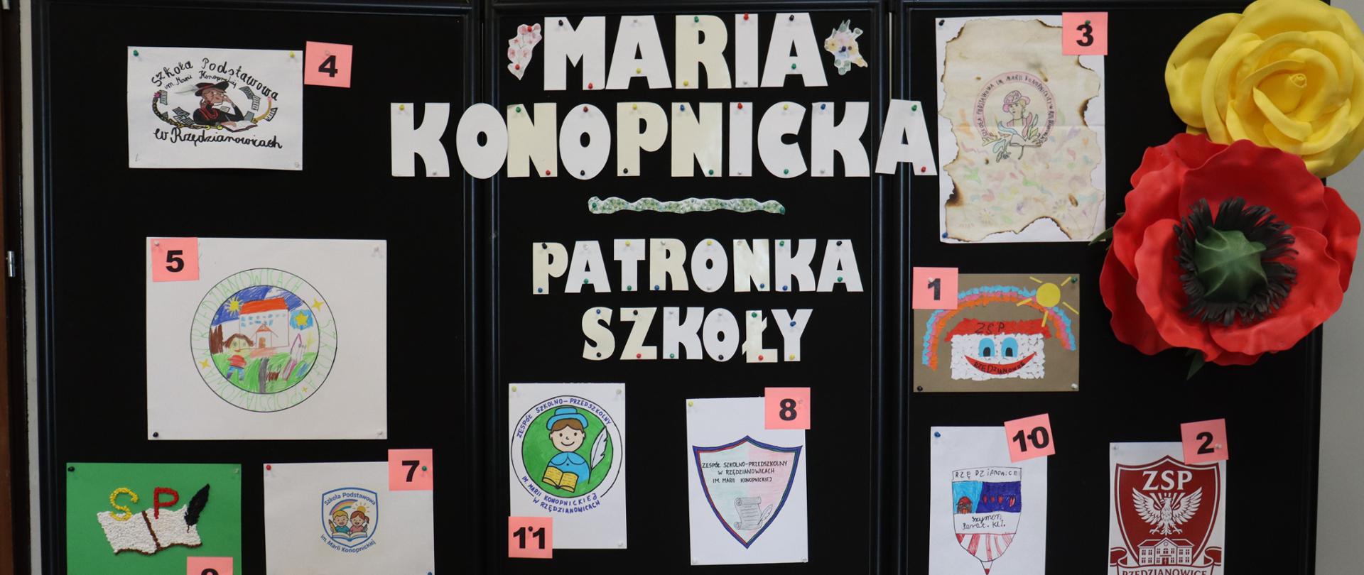 Tablica przedstawiająca zgłoszone do konkursu prace na czarnym tle