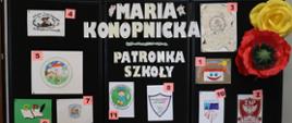 Tablica przedstawiająca zgłoszone do konkursu prace na czarnym tle