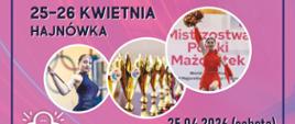 Na różowym tle umieszczono informacje o wydarzeniu oraz zdjęcia mażoretek