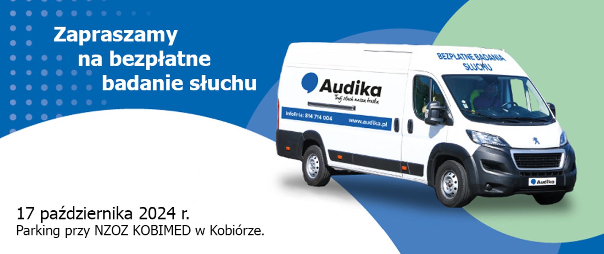 Biały samochód dostawczy z napisem Audika.