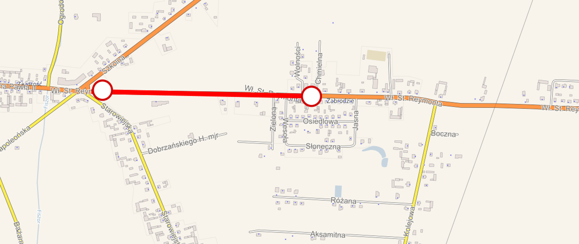 Mapa z zaznaczonym na czerwono odcinkiem drogi pomiędzy rondem w Zabrodziu a ul Chmielną