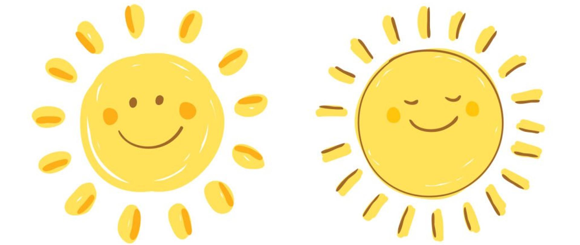 Happy smiling sun. Set of four variations. Vector design elements. Hand drawn images on a white background.