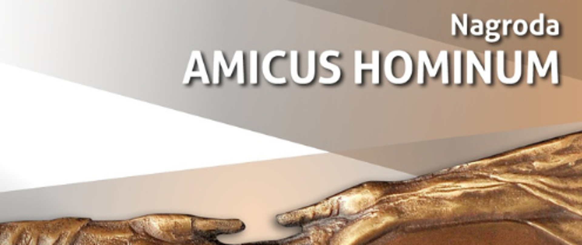 Plakat przedstawiający dwie wyciągnięte do siebie dłonie- u góry Nagroda AMICUS HOMINUM