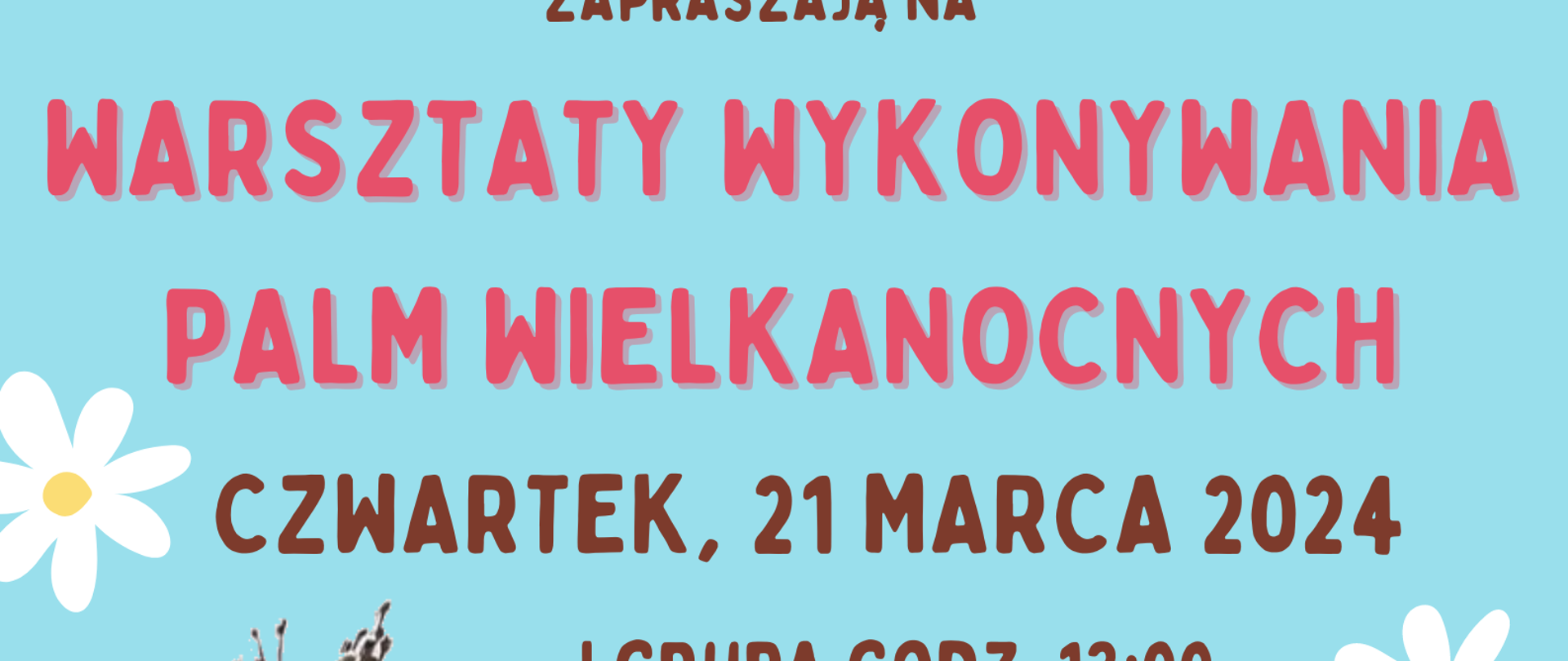 WARSZTATY WYKONYWANIA PALM WIELKANOCNYCH, na które zapraszają: GOK i KGW Zabrodzie, odbędą się w siedzibie GOK, ul. Wł.. St. Reymonta 2 w dniu 21 marca 2024 r., w godzinach: I grupa godz. 13:00, II grupa godz. 14:00.
Organizatorzy zapewniają podstawowe materiały. Z domu można zabrać swoje ulubione elementy dekoracyjne. Dzieci poniżej 7 lat zapraszamy wraz z rodzicami lub dorosłymi opiekunami.
