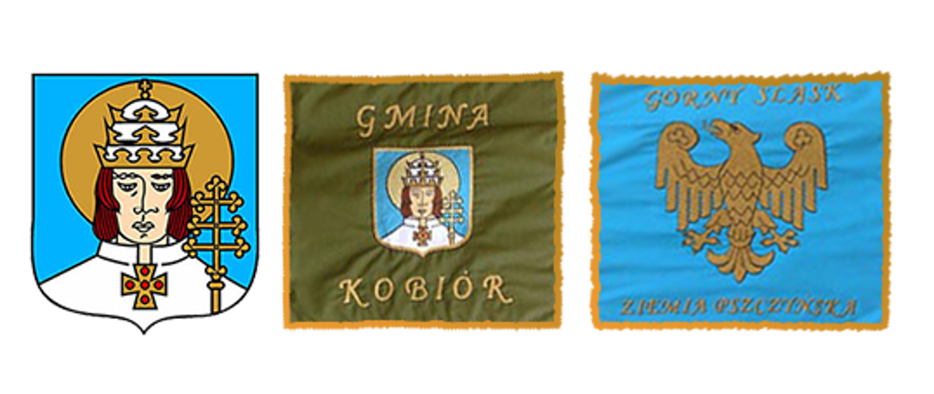 Od lewej wizerunek św. Urbana na niebieskim tle, w środku na zielonym tle napis Gmina Kobiór i wizerunek św. Urbana, po prawej na niebielskim tle orzeł oraz napis Górny Śląsk Ziemia Pszczyńska