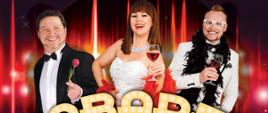 Zaproszenie na koncert noworoczny „Cabaret w Operetce” - baner informacyjny z trzema uśmiechniętymi osobami